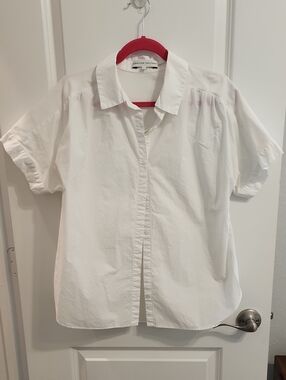 English Factory White Short-Sleeve Button Down Mixed Media Textile Shirt Large